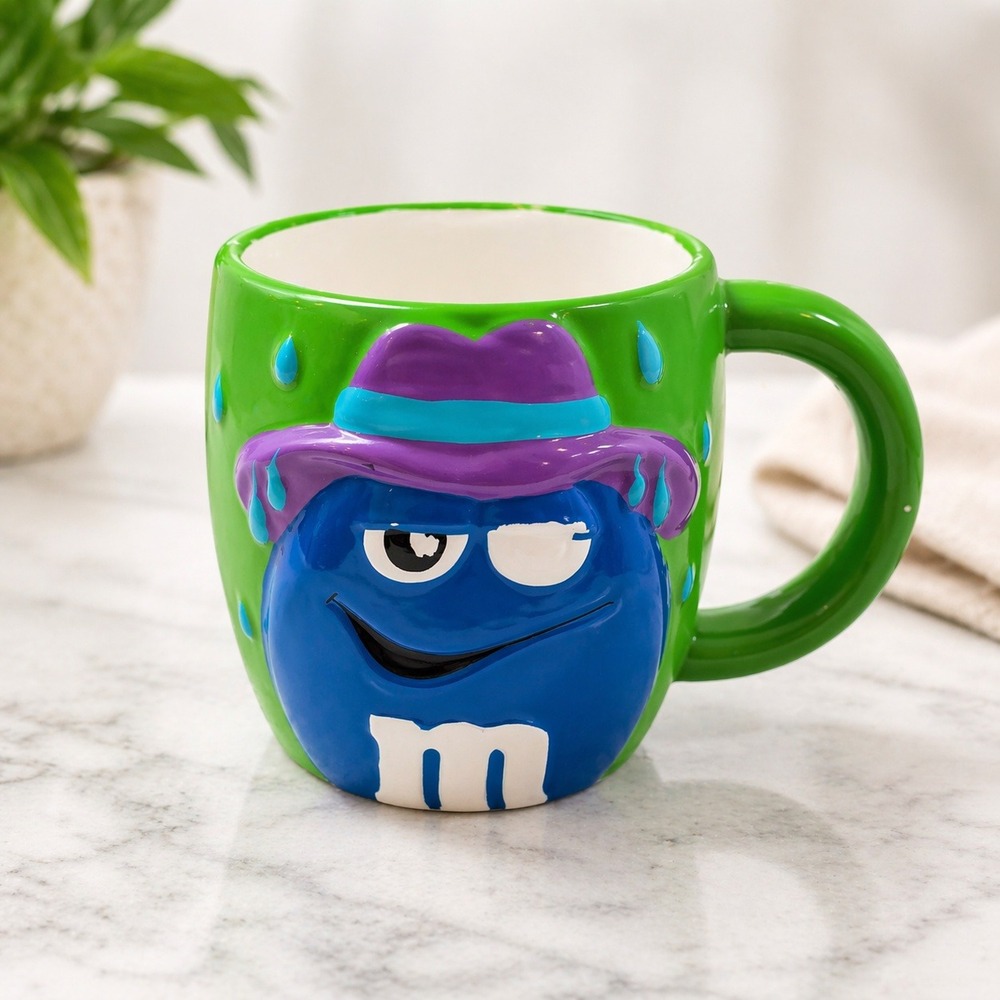 Galerie M&M's Blue Character Fedora Hat Green Ceramic Coffee Mug 3D Embossed
